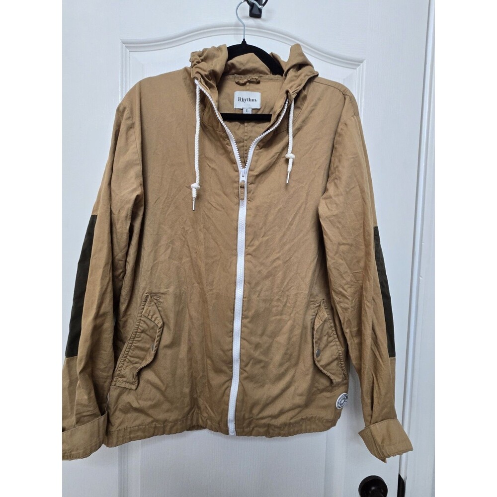 Rhythm Apparel - Mens Large Full Zip Hooded Windbreaker Jacket W/ Elbow Patches
